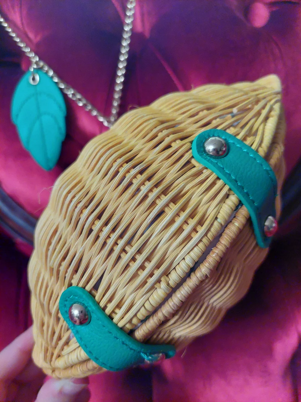 Betsey Johnson Woven Lemon Crossbody with Green Leaf Accents and Gold Chain